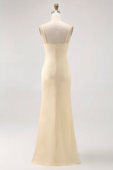Daffodil Spaghetti Straps Satin Sheath Long Bridesmaid Dress